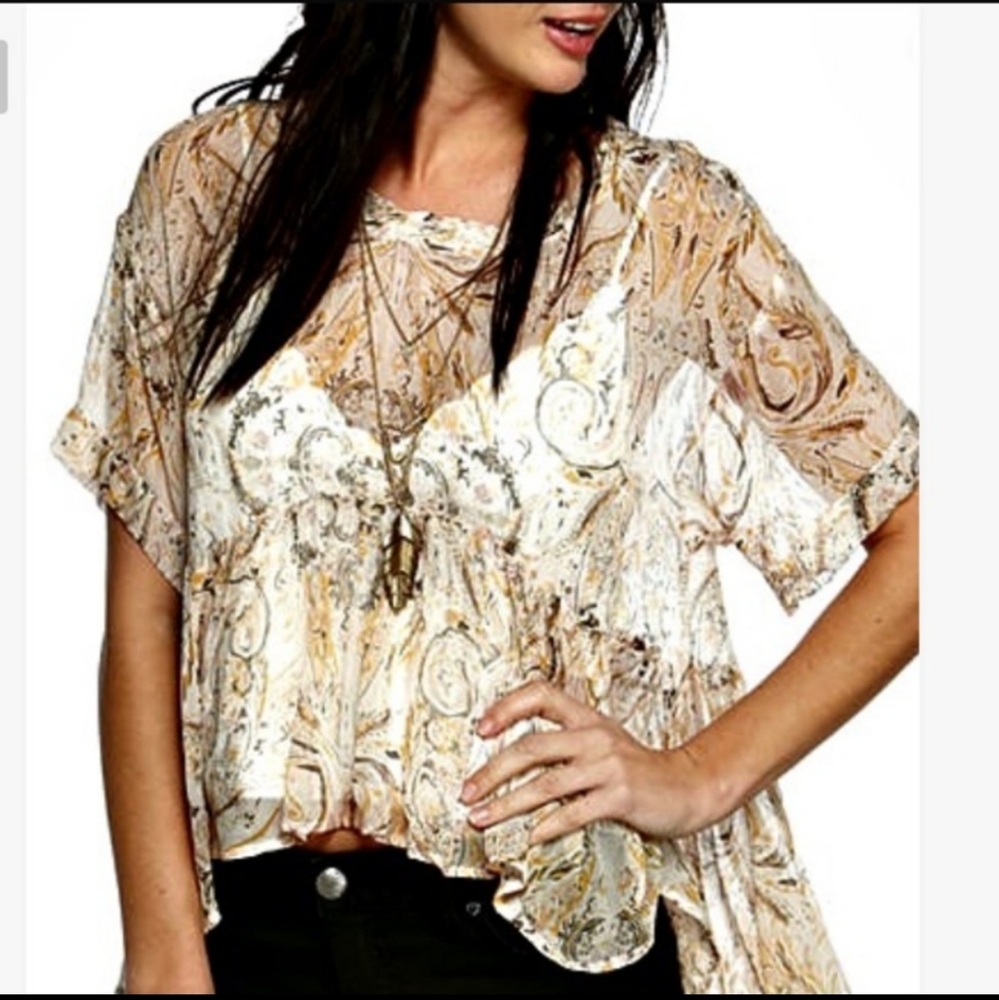 FREE PEOPLE Say You Will Shear Paisley Babydoll Boho Fairy Top With Camisole S…